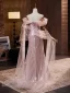 Chic / Beautiful Blushing Pink Pearl Appliques Prom Dresses 2024 Trumpet / Mermaid Off-The-Shoulder Short Sleeve Backless Floor-Length / Long Prom Formal Dresses