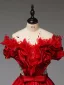 Elegant Red Appliques Sequins Satin Prom Dresses 2025 Ball Gown Off-The-Shoulder Short Sleeve Backless Bow Sash Floor-Length / Long Formal Dresses