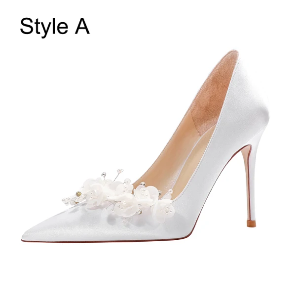 Charming White Pearl Appliques Wedding Shoes 2024 Leather 10 cm Stiletto Heels Pointed Toe Wedding Pumps High Heels
