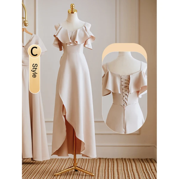 Modest / Simple Khaki Bridesmaid Dresses 2023 A-Line / Princess V-Neck Short Sleeve Backless Floor-Length / Long Bridesmaid Dresses