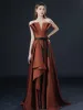 High Low Asymmetrical Brown Evening Dresses 2021 Crossed Straps Ruffle Solid Color Satin Strapless Sleeveless Sweep Train Formal Dresses