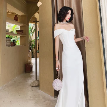 Sexy Ivoire Robe De Soirée 2022 Trompette Sirène De L Épaule Manches Courtes Dos Nu Longue Soirée Robe De Cérémonie