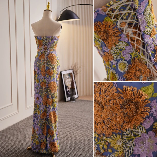 Vintage / Retro Multi-Colors Handmade Beading Sequins Lace Flower Evening Dresses 2023 Trumpet / Mermaid Strapless Sleeveless Backless Floor-Length / Long Evening Party Formal Dresses