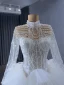 Luxury / Gorgeous White Handmade  Beading Rhinestone Sequins Cascading Ruffles Wedding Dresses 2024 Ball Gown High Neck Long Sleeve Chapel Train Wedding