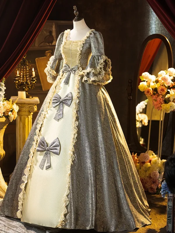 Medieval Grey Glitter Printing Bow Cosplay Lolita Prom Dresses 2024 Ball Gown Square Neckline Short Sleeve Backless Floor-Length / Long Formal Dresses