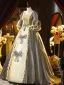 Medieval Grey Glitter Printing Bow Cosplay Lolita Prom Dresses 2024 Ball Gown Square Neckline Short Sleeve Backless Floor-Length / Long Formal Dresses