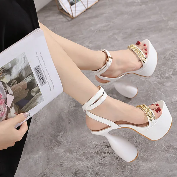 Fashion White Cocktail Party Womens Sandals 2023 Ankle Strap 17 cm Thick Heels Open / Peep Toe Sandals High Heels