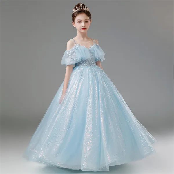 Chic / Beautiful Sky Blue Beading Sequins Birthday Flower Girl Dresses 2024 Ball Gown Scoop Neck Short Sleeve Floor-Length / Long Tulle