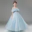 Chic / Beautiful Sky Blue Beading Sequins Birthday Flower Girl Dresses 2024 Ball Gown Scoop Neck Short Sleeve Floor-Length / Long Tulle