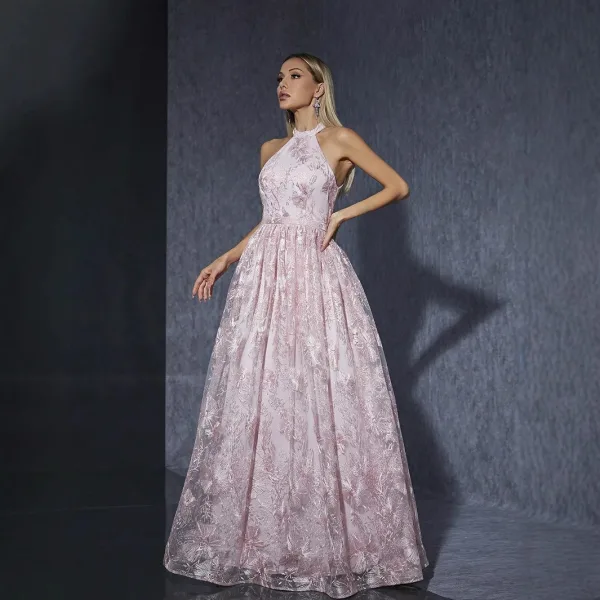 Chic / Beautiful Blushing Pink Lace Flower Prom Dresses 2025 A-Line / Princess High Neck Sleeveless Floor-Length / Long Formal Dresses