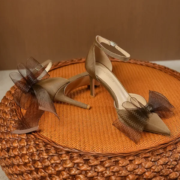 Chic / Beautiful Brown Bow Prom Womens Shoes 2023 Ankle Strap 8 cm Stiletto Heels Pointed Toe Womens Shoes High Heels