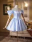 Fashion Sky Blue Pearl Short Homecoming Graduation Dresses 2025 A-Line / Princess Off-The-Shoulder Short Sleeve Backless Formal Dresses