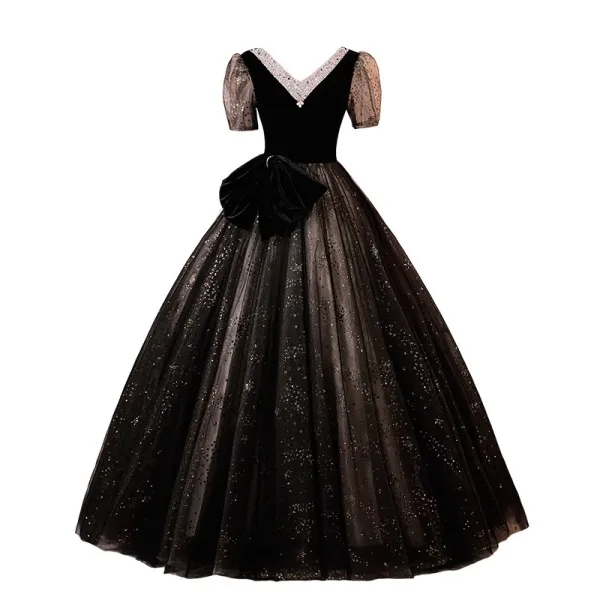 Chic / Beautiful Black Beading Sequins Prom Dresses 2023 Ball Gown V-Neck Bow Short Sleeve Backless Floor-Length / Long Prom Formal Dresses
