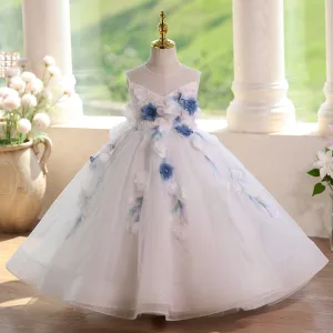 Chic Beautiful White Beading Pearl Sequins Appliques Birthday Floor Length Long Flower Girl Dresses 2025 Ball Gown Scoop Neck Sleeveless Backless