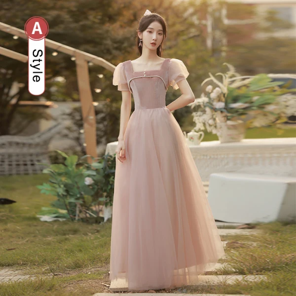 Chic / Belle Rose Sombre Perle Velour Robe Demoiselle D'honneur 2022 Princesse Encolure Carrée Manches Courtes Dos Nu Longue Demoiselle D'honneur Robe De Ceremonie