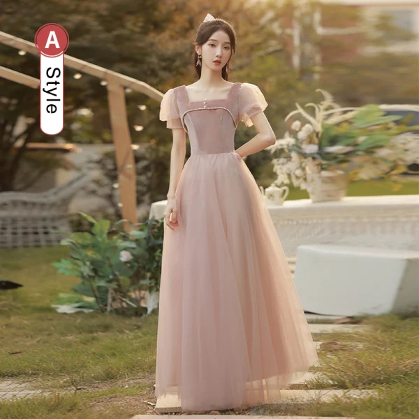 Simple Rougissant Rose Robe Demoiselle D'honneur 2022 Princesse Encolure Carrée Manches Courtes Dos Nu Longue Robe Pour Mariage