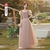 Modest / Simple Blushing Pink Bridesmaid Dresses 2022 A-Line / Princess Square Neckline Short Sleeve Backless Floor-Length / Long Wedding Party Dresses