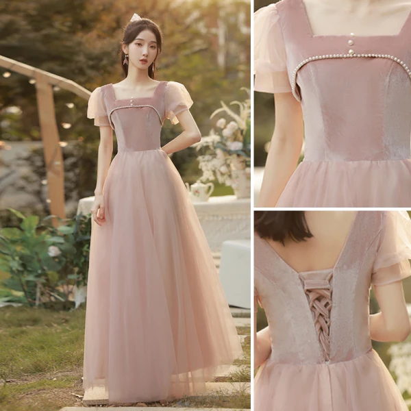 Chic / Belle Rose Sombre Perle Velour Robe Demoiselle D'honneur 2022 Princesse Encolure Carrée Manches Courtes Dos Nu Longue Demoiselle D'honneur Robe De Ceremonie