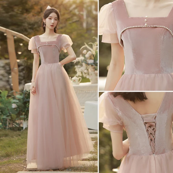 Simple Rougissant Rose Robe Demoiselle D'honneur 2022 Princesse Encolure Carrée Manches Courtes Dos Nu Longue Robe Pour Mariage