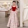 Elegant Burgundy Printing Prom Dresses 2022 A-Line / Princess Square Neckline Short Sleeve Backless Bow Floor-Length / Long Satin Formal Dresses