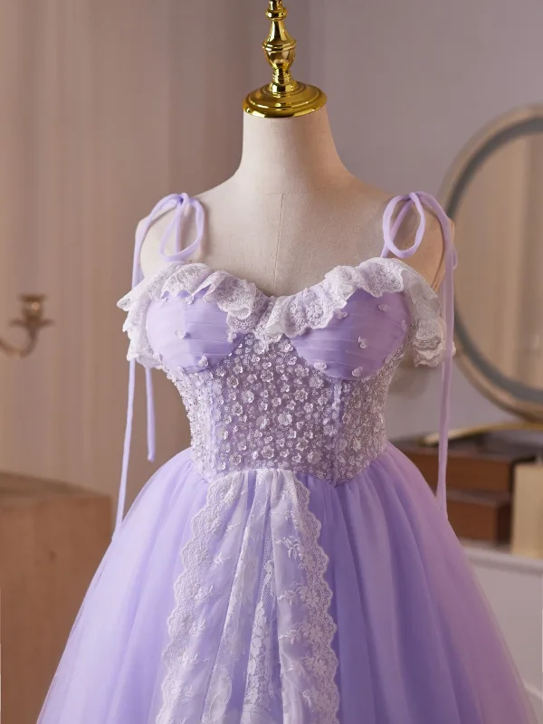 Chic / Beautiful Lavender Beading Sequins Lace Flower Short Party Dresses 2025 A-Line / Princess Spaghetti Straps Sleeveless Backless Tulle Cocktail Party Evening Party