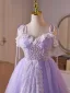Chic / Beautiful Lavender Beading Sequins Lace Flower Short Party Dresses 2025 A-Line / Princess Spaghetti Straps Sleeveless Backless Tulle Cocktail Party Evening Party