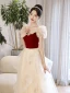 Chic / Beautiful Burgundy Rhinestone Cascading Ruffles Prom Dresses 2023 A-Line / Princess Square Neckline Puffy Short Sleeve Backless Floor-Length / Long Formal Dresses