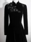 Chinese style Black Pearl Lace Flower Velvet Evening Dresses 2025 A-Line / Princess High Neck Long Sleeve Backless Floor-Length / Long Evening Party Formal Dresses
