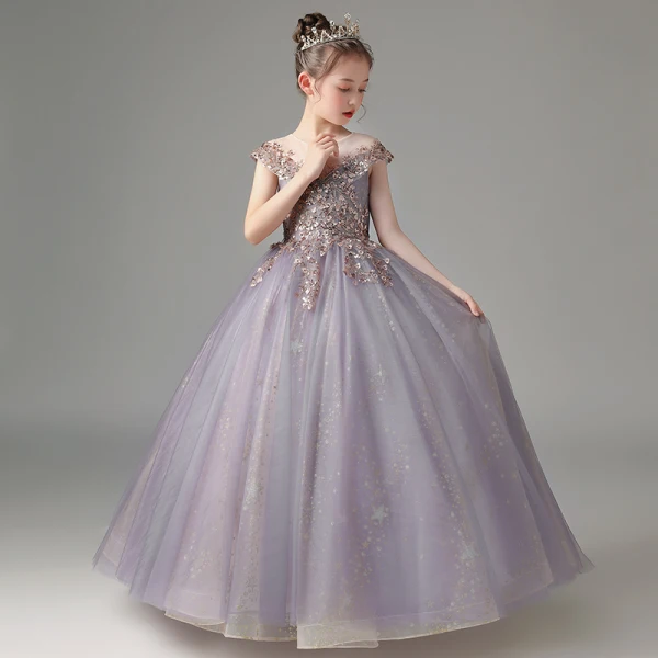 Chic / Beautiful Lavender Beading Sequins Birthday Flower Girl Dresses 2022 Ball Gown Scoop Neck Sleeveless Backless Floor-Length / Long Flower Girl Dresses