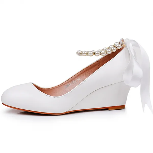 Élégant Blanche Perle Noeud Bride Cheville 5 cm Compensées Chaussure De Mariée 2024 À Bout Rond Mariage