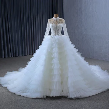 Luxury Gorgeous White Handmade Beading Rhinestone Sequins Cascading Ruffles Wedding Dresses 2024 Ball Gown High Neck Long Sleeve Chapel Train Wedding