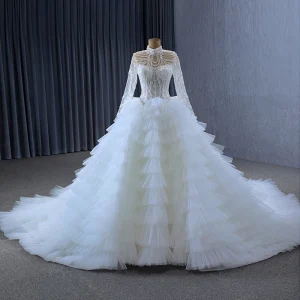 Luxury Gorgeous White Handmade Beading Rhinestone Sequins Cascading Ruffles Wedding Dresses 2024 Ball Gown High Neck Long Sleeve Chapel Train Wedding