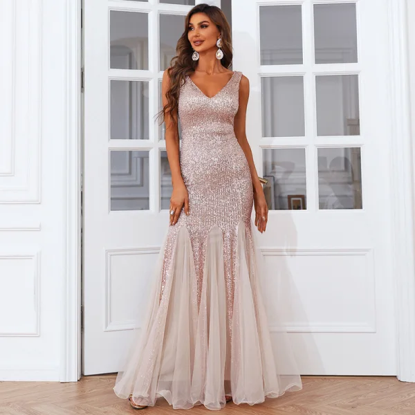 Sparkly Gold Sequins Evening Dresses 2022 Trumpet / Mermaid V-Neck Sleeveless Backless Floor-Length / Long Evening Party Formal Dresses