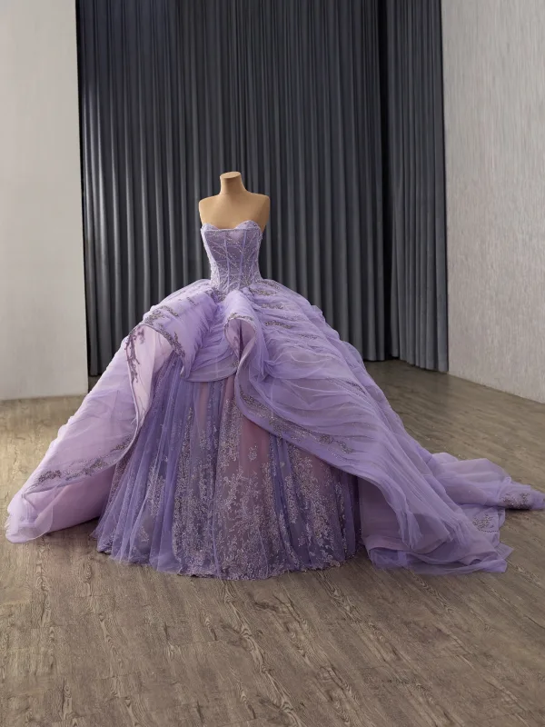 Luxury / Gorgeous Purple Handmade  Beading Sequins Cascading Ruffles Prom Dresses 2025 Ball Gown Strapless Sleeveless Backless Chapel Train Prom Formal Dresses
