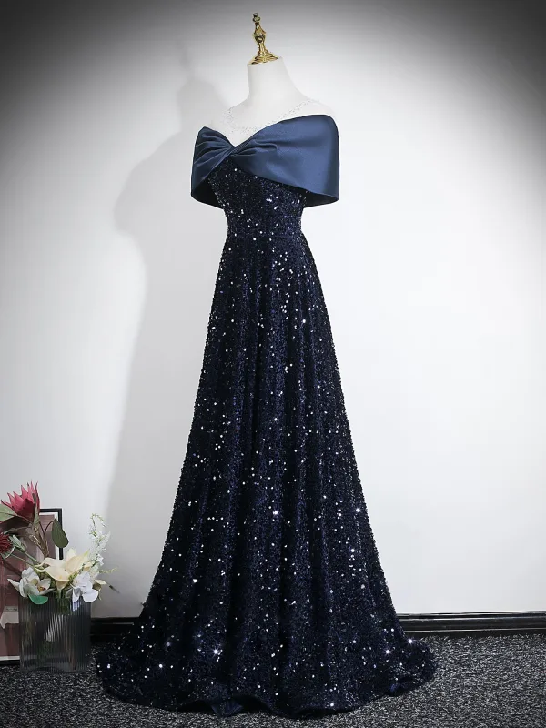 Sparkly Black Gold Sequins Evening Dresses 2026 A-Line / Princess Off-The-Shoulder Short Sleeve Backless