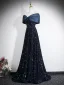 Sparkly Black Gold Sequins Evening Dresses 2026 A-Line / Princess Off-The-Shoulder Short Sleeve Backless