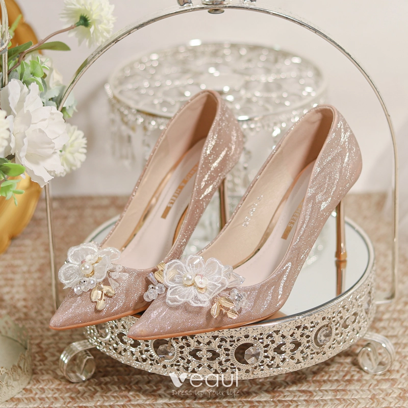 Charmant Champagne Perlage En Dentelle Fleur Perle Paillettes Cuir Chaussure De Mariee 2023 8 cm Talons Aiguilles A Bout Pointu Mariage Escarpins Talons Hauts