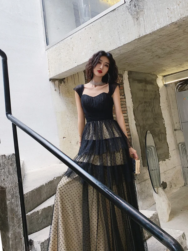 Chic / Beautiful Black Spotted Prom Dresses 2022 A-Line / Princess Square Neckline Sleeveless Backless Floor-Length / Long Prom Formal Dresses