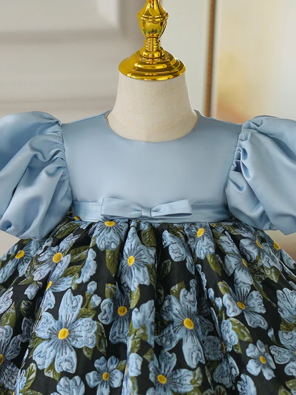 Chic / Belle Bleu Ciel Anniversaire Impression Courte Robe Ceremonie Fille 2023 Robe Boule Encolure Dégagée Gonflée Manches Courtes
