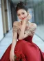 Chic / Belle Bordeaux Perlage Paillettes Robe De Bal 2024 Princesse De l'épaule Manches Courtes Dos Nu Longue Promo Robe De Ceremonie