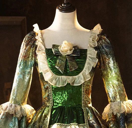 Vintage / Retro Medieval Green Glitter Bow Cosplay Lolita Prom Dresses 2024 Ball Gown Square Neckline Bell sleeves Backless Floor-Length / Long Formal Dresses