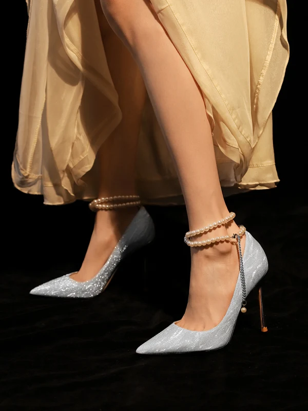 Mode Silber Pailletten Brautschuhe 2023 Perle Knöchelriemen Leder 10 cm Stilettos Spitzschuh Hochzeit Pumps Hochhackige