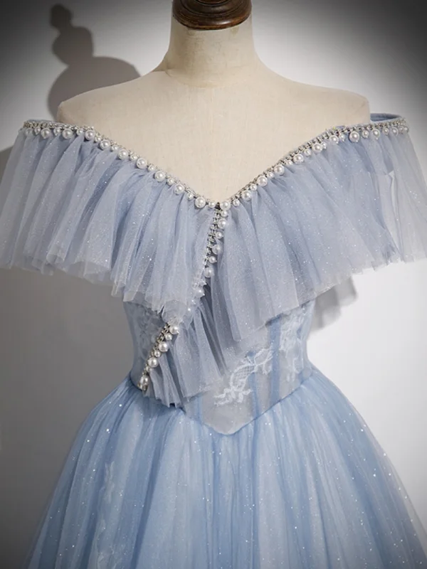 Charming Sky Blue Sequins Prom Dresses 2023 A-Line / Princess Pearl Rhinestone Off-The-Shoulder Sleeveless Backless Floor-Length / Long Prom Formal Dresses