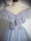 Charming Sky Blue Sequins Prom Dresses 2023 A-Line / Princess Pearl Rhinestone Off-The-Shoulder Sleeveless Backless Floor-Length / Long Prom Formal Dresses