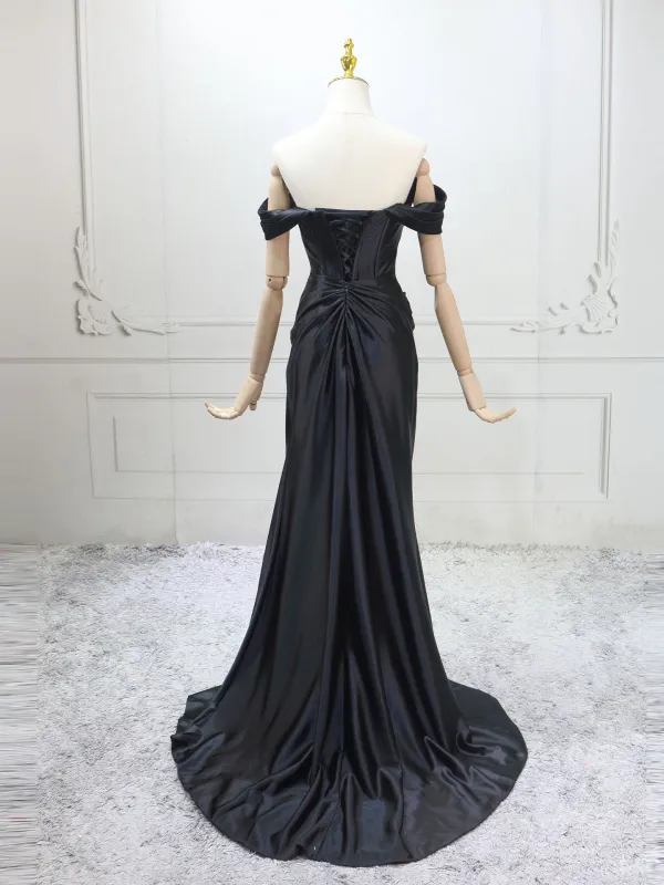 Sexy Schwarz Gespaltete Front Abendkleider 2025 Meerjungfrau Off Shoulder Ärmellos Rückenfreies Sweep / Pinsel Zug Abend Festliche Kleider