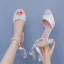 Élégant Blanche Perle Noeud Bride Cheville Chaussure De Mariée 2024 7 cm Talons Épais Peep Toes / Bout Ouvert Mariage Sandales Talons Hauts