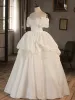 Vintage / Retro Ivory Cascading Ruffles Pearl Wedding Dresses 2024 Satin Ball Gown Spaghetti Straps Puffy Short Sleeve Backless Floor-Length / Long Wedding