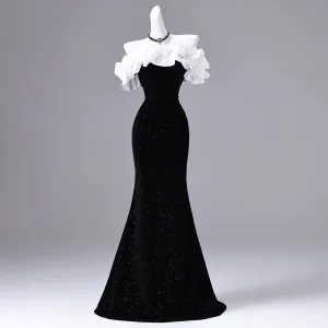 Glamour Noire Paillettes Robe De Soirée 2026 Trompette Sirène De L Épaule Manches Courtes Dos Nu Longue Robe De Ceremonie