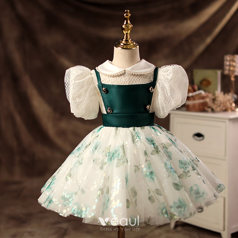 Elegant Dark Green Pearl Lace Short Birthday Flower Girl Dresses 2022 Ball Gown Scoop Neck Puffy Short Sleeve Flower Girl Dresses