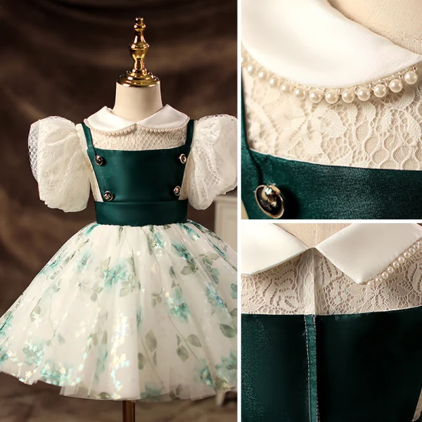Elegant Dark Green Pearl Lace Short Birthday Flower Girl Dresses 2022 Ball Gown Scoop Neck Puffy Short Sleeve Flower Girl Dresses